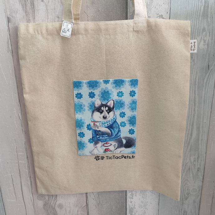 Totebag Husky et sa tasse de thé avec poche