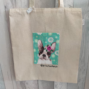 Totebag Bouledog et sa fleur avec poche