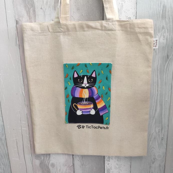 Totebag chat et chocolat chaud avec poche